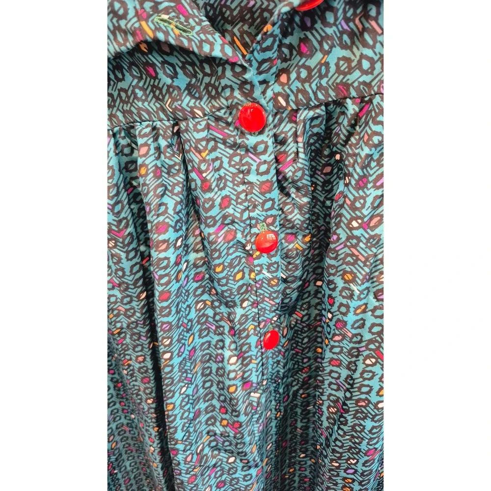 Vintage‎ 80s 90s Geometric Midi Dress Teal Abstract Print Button Front Boho M/L